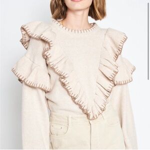 En Saison Pullover Rene Ruffle-Trim Sweater in Tan Small